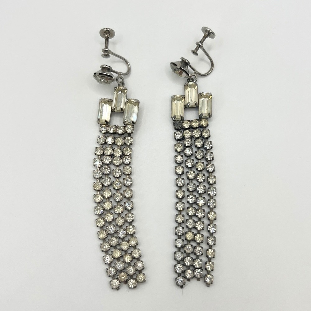 Vintage Silver Tone Rhinestone Tassel‎ Drop Earrings Screw Back Art Deco Fringe